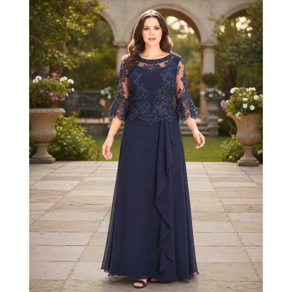 LE BOS Stunning Navy & Lace Overlay Bell Sleeve Sz 12 Formal Long Gown NWT!